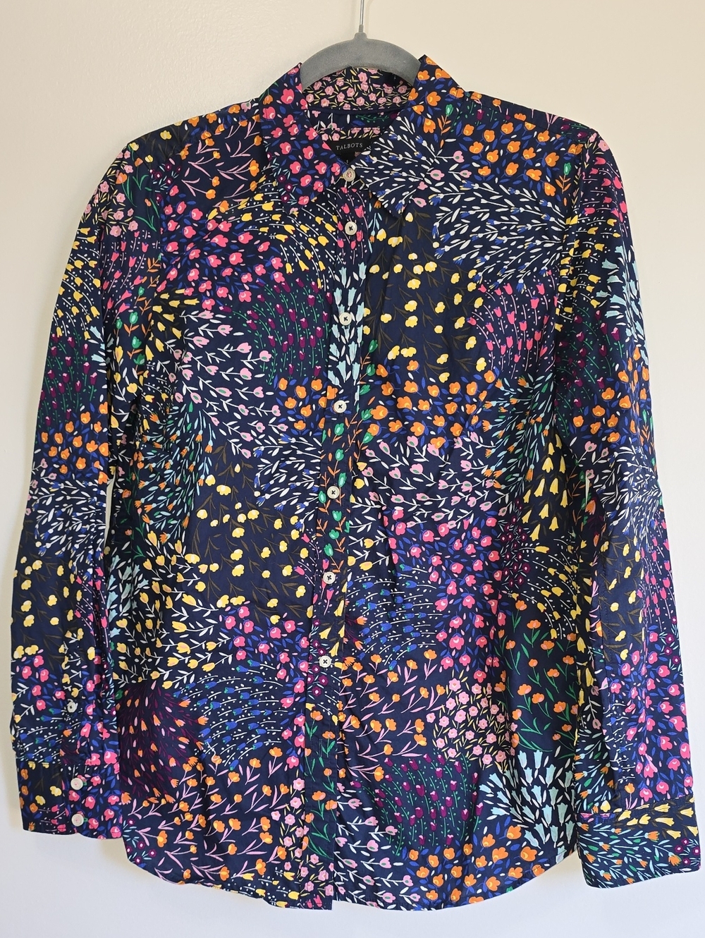 Talbots Navy Floral Button-Front Blouse Sz S